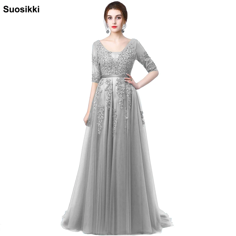 Новое Кружевное длинное вечернее платье с коротким рукавом и v-образным вырезом, украшенное бусинами, вечерние платья для невесты на заказ - Цвет: Silver Gray
