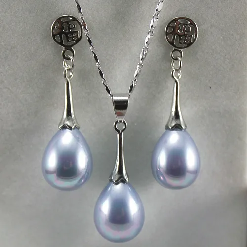 

wholesale elegant 12*16mm light purple water drop shell pearl pendant & fu lucky earring jewelry set 004 5.31