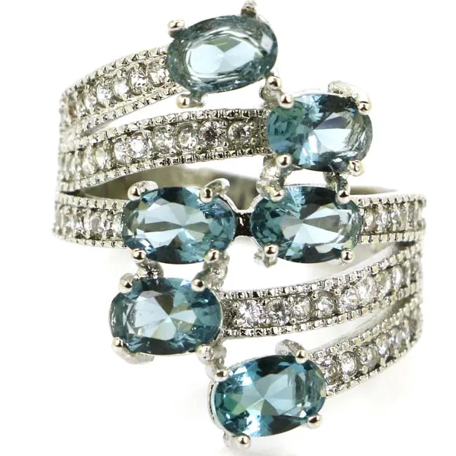 

US sz 8.5# SheCrown London Blue Topaz White CZ Woman's Gift Silver Ring 23x13mm