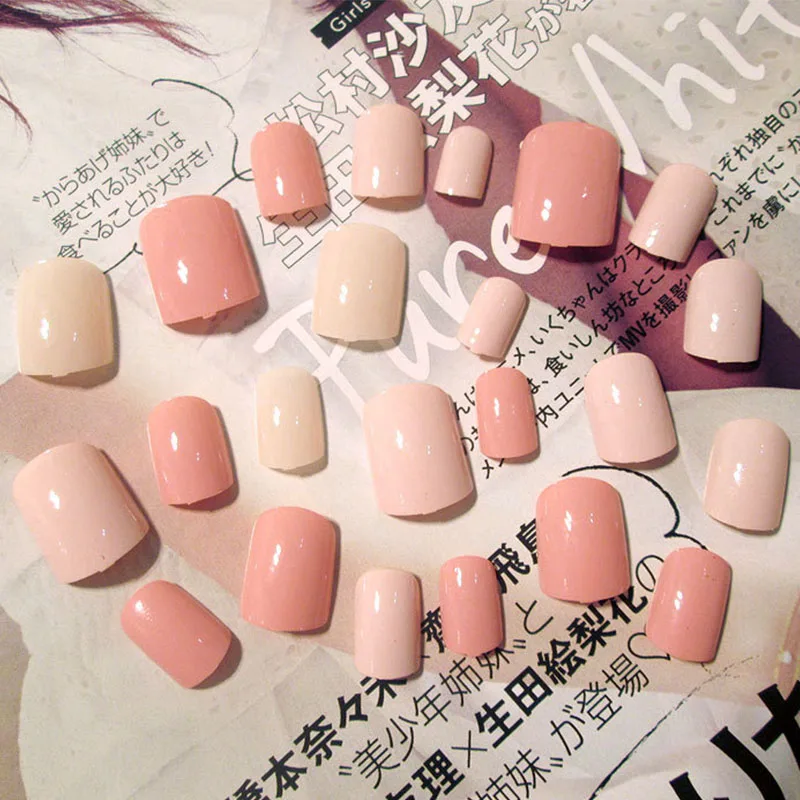 Модный дизайн ногтей 24 шт накладные ногти с клеем сладкие девушки сплошной цвет поддельные лак для ногтей розовый полное покрытие советы Короткие искусственные ногти