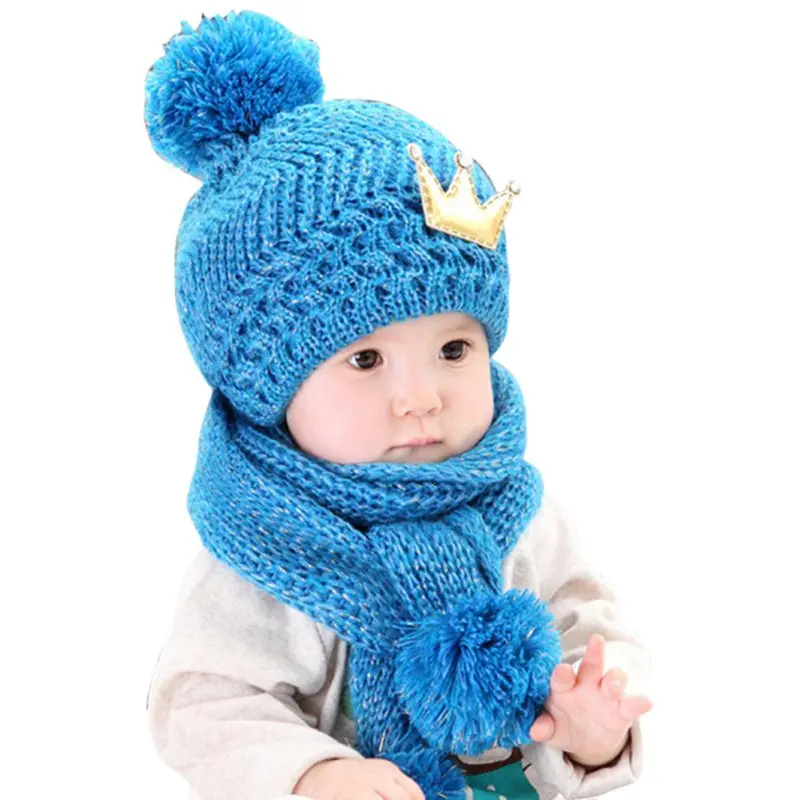 Winter Baby Cute Warming Wool Knitted Crochet Cap with a Crown Pattern Hat and Scarf Set