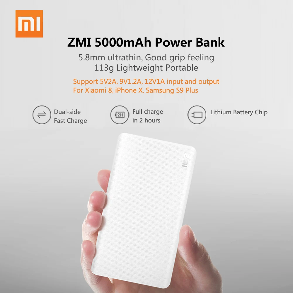 Оригинальный внешний аккумулятор Xiaomi ZMI 5000 мАч xiaomi двусторонняя Быстрая зарядка 2
