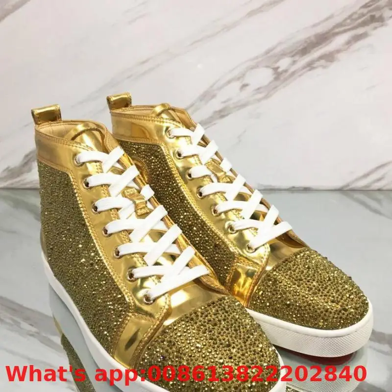 

High Top Leisure Sports Shoes Lace Up Gold Rhinestone Diamond Red Bottom For Men Shoes Sneakers Leather Flat Loafers
