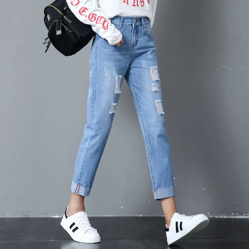 

#3002 Spring Women's Jeans High Waist Denim Plus Size Elastic Waist Pockets Hole Ankle-length Jeans Slim Denim Women Korean 2019