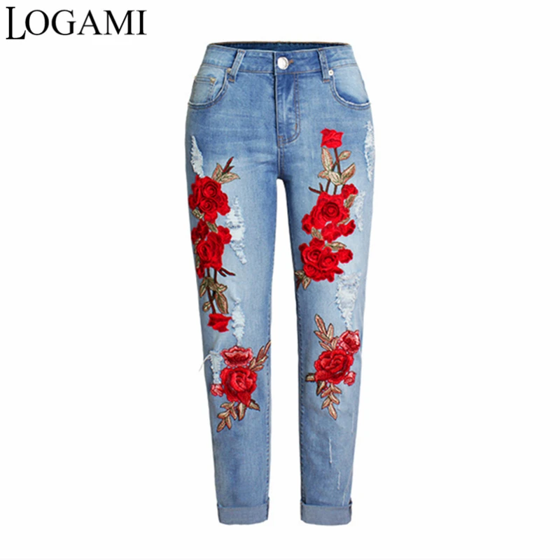 Buy LOGAMI Red Flower Embroidered Jeans For Women High