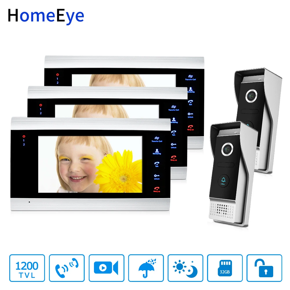 

HomeEye 7'' 1200TVL Video Door Phone Video Intercom 2-3 Security Access System Motion Detection Multi-languages Menu for 2 Locks