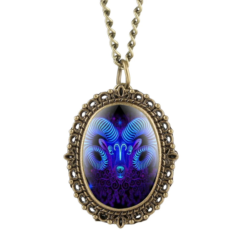 

Women's Pocket Watch pendant watch Twelve Constellation Series Unique Dark Blue Pattern Classic White Arabic Numerals Dial