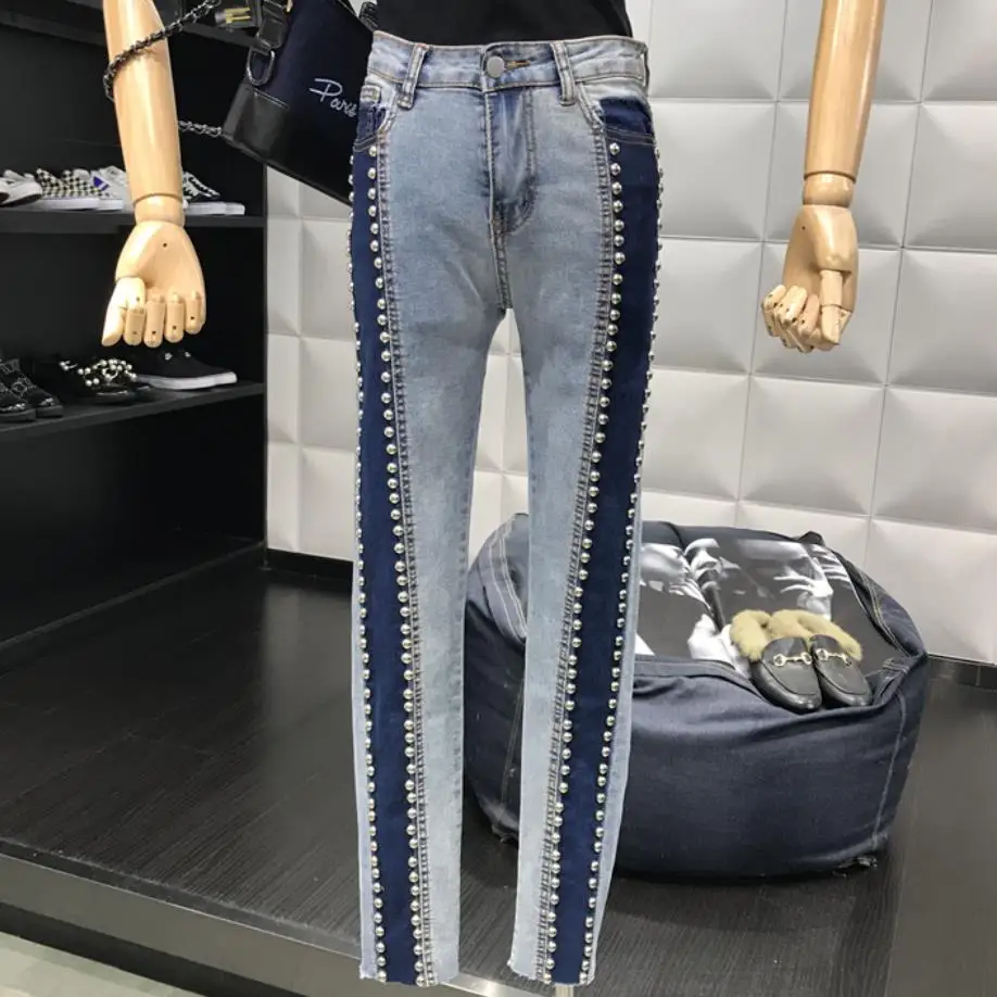 Günstige 2019 frühling mode nieten jeans frauen hohe taille hit farbe schlank füße knöchel länge jeans plus größe