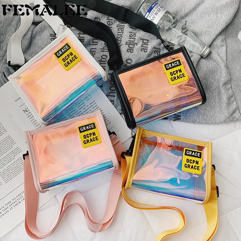 

Laser transparent jelly handbag 2019 new shoulder PU+PVC small square bag Korean casual Party plastic bag Crossbody Messengers