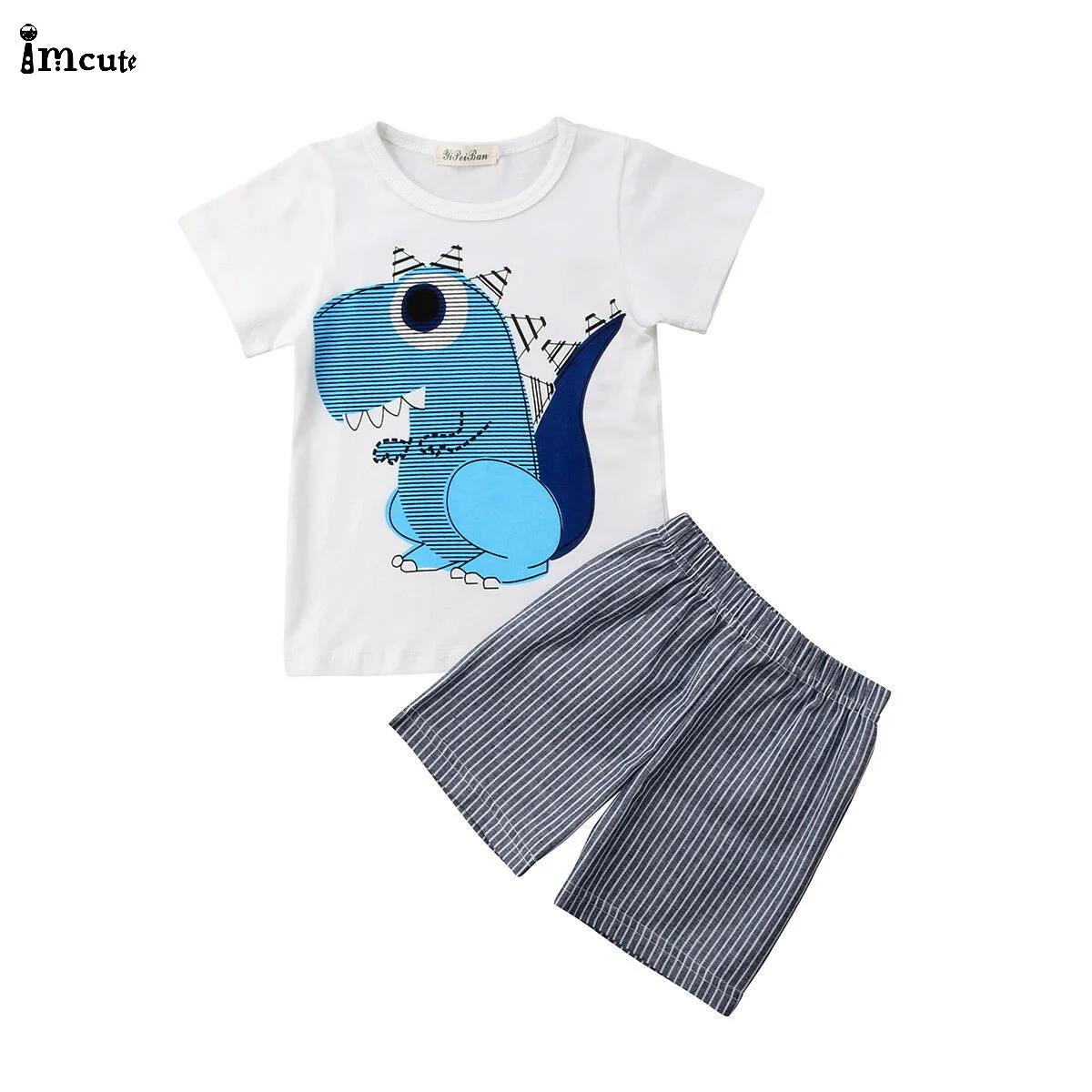 2019 New Summer Toddler Kid Baby Boy Clothes Causal Dinosaur T-shirt Top Tee Strip Short Pants Outfits Set 2PCS | Детская одежда и