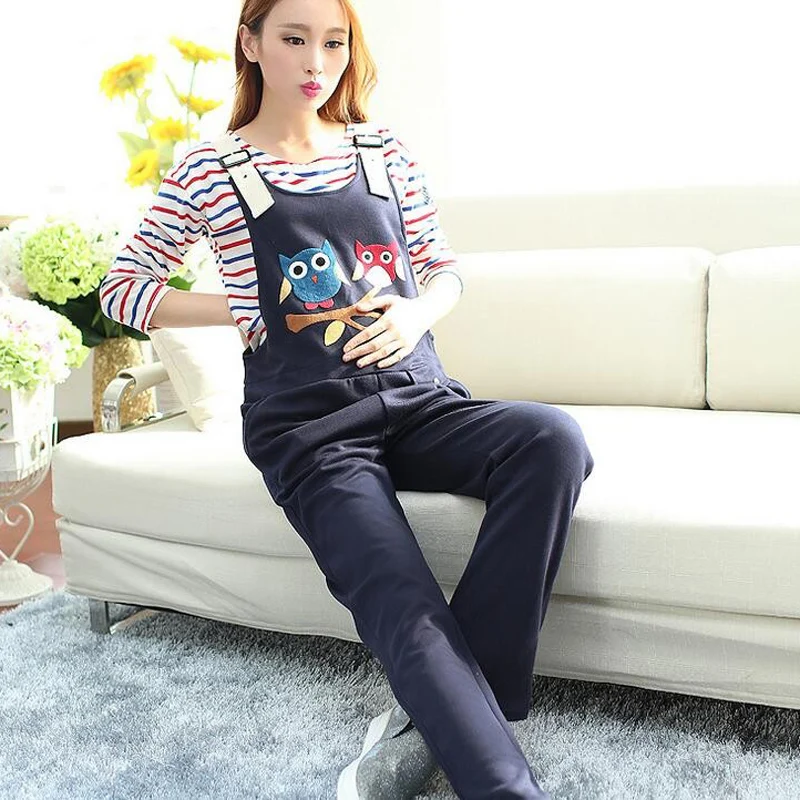 

Pants & Capris Maternity Clothing Pants Spring Autumn cartoon owl cotton Overalls Pregnant Women`s Large Size Suspender Trousers