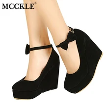 MCCKLE Women Fashion Buckle Ladies Shoes Wedges High Heels Platform Black Casual Bowtie Pumps Tenis Feminino Sapato Feminino