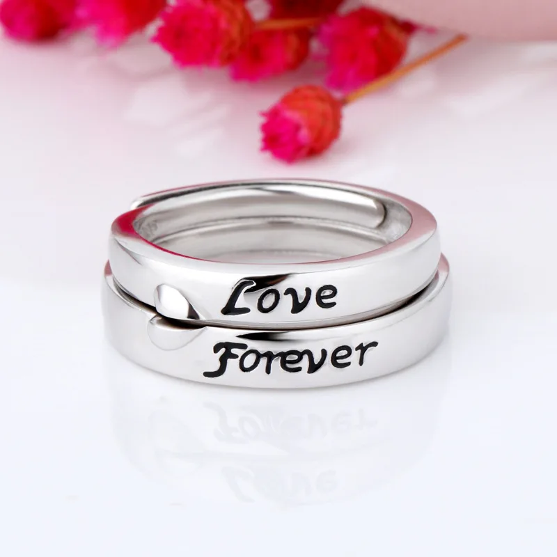 

925 Sterling Silver Sweet Letter Forever Love Couple Rings Black Lettering Half Heart Adjustable Rings Lovers Wedding Jewelry