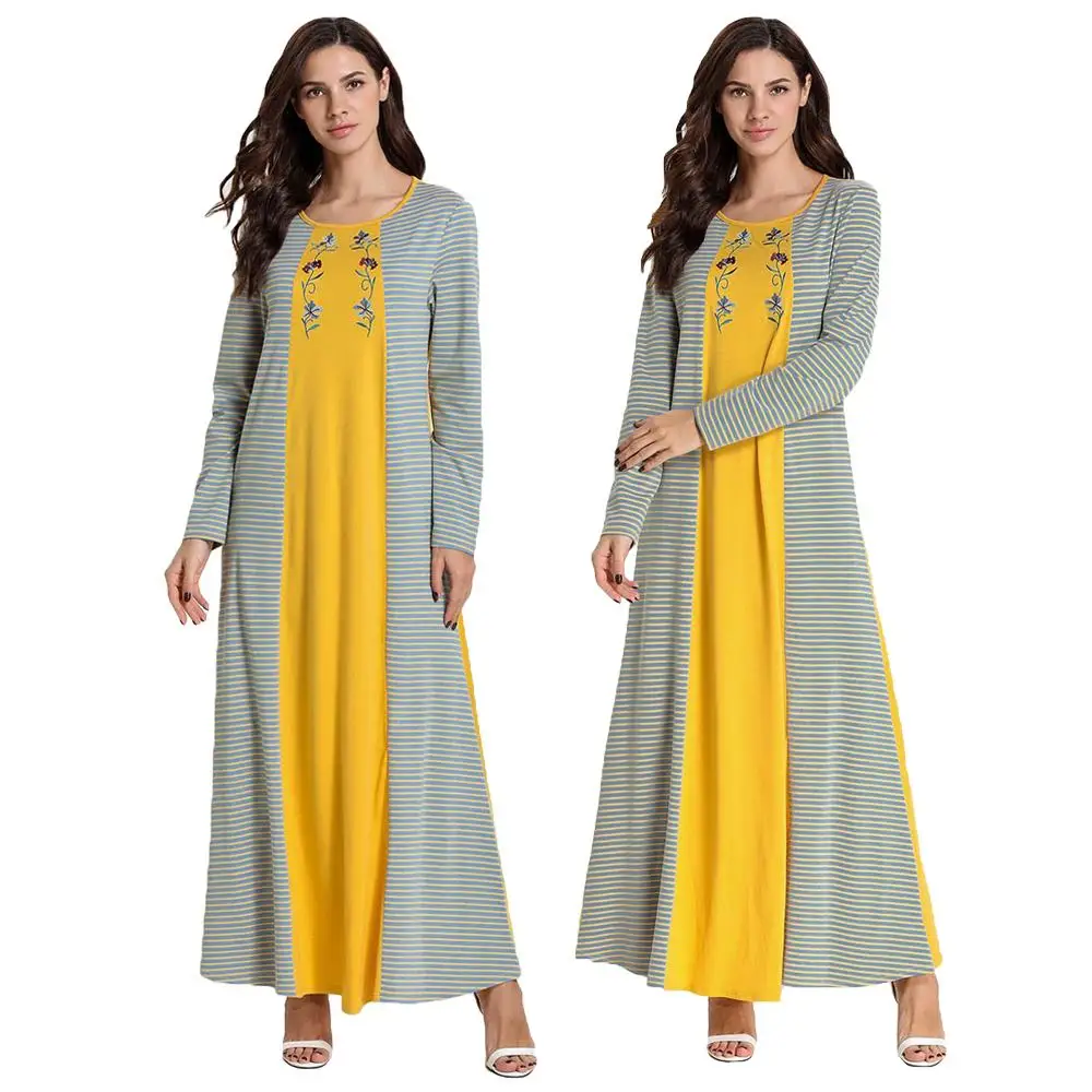 Мусульманские женщины вышивка abaya Макси-Платье рубашка платье в полоску Дубай Кафтан Вечерние мусульманская одежда с длинными рукавами jilbaw круглый воротник