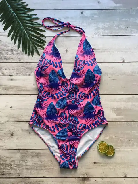 2019 Tropical Palm One Piece Swimsuits Sexy Floral Printing Halter ...