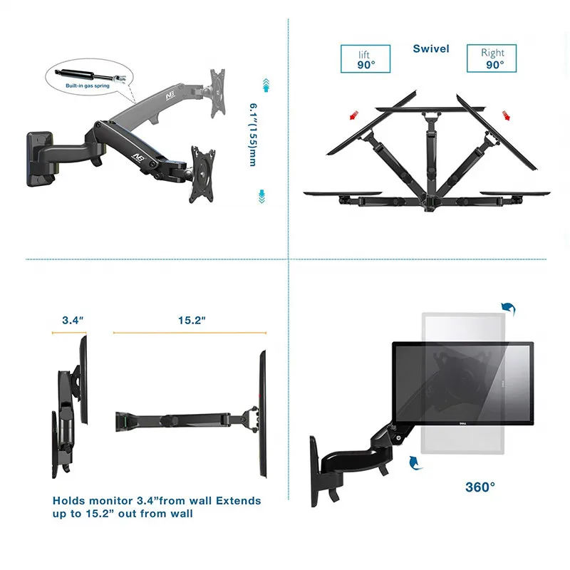 NB F150 ТВ монитор Настенный Кронштейн 360 Поворотный 17-2" монитор держатель газовая пружина Arm светодиодный ЖК-телевизор настенная загрузка 2-7 кг