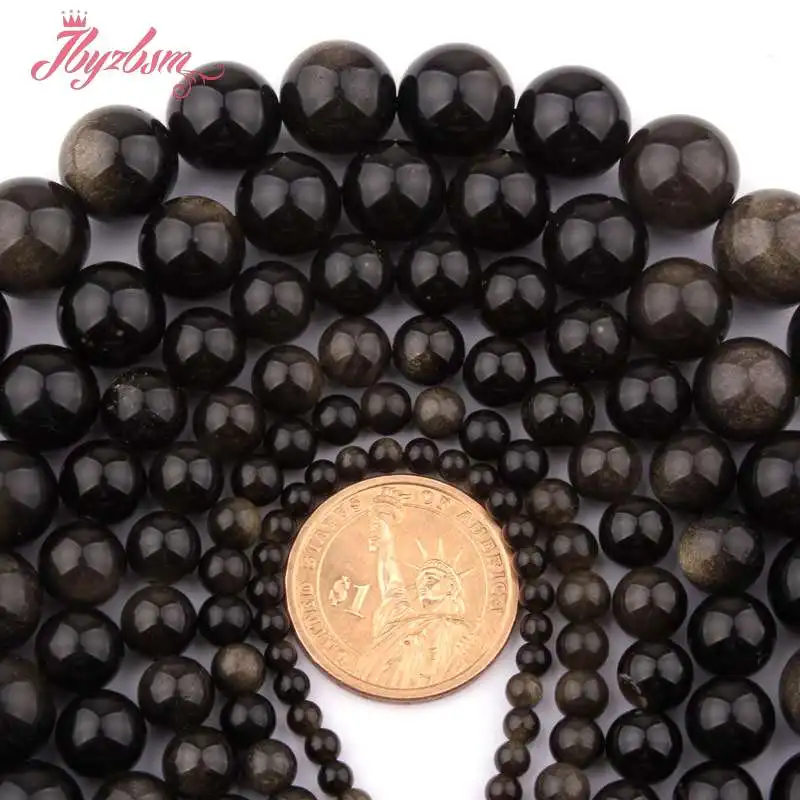 

4,6,8,10,12,14mm Smooth Round Gold Obsidian Natural Stone Beads For DIY Necklace Bracelats Jewelry Making 15" Free Shipping