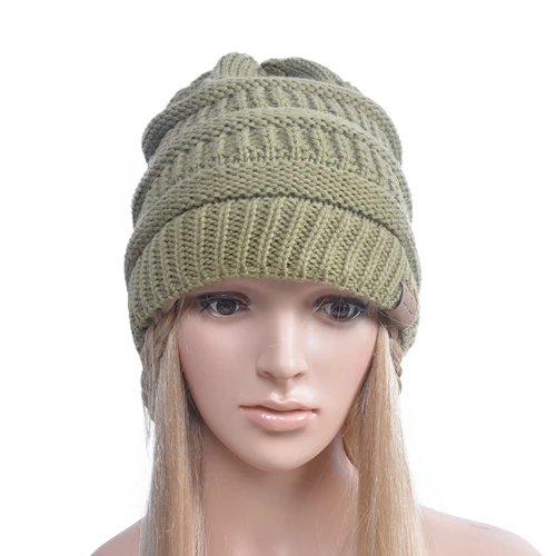 Olive Green Высокое качество, Осень-зима, теплые вязаные женские шапки, толстые шапки skullies, одноцветные шапки бини для женщин, чепчик для девочки, шапка A385 - Цвет: Olive Green