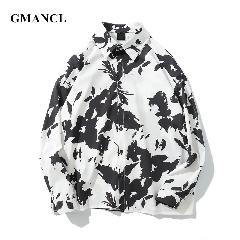 GMANCL Autumn Mens Loose Black White Flower Printed Shirts male Vintage