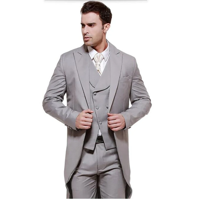 

2018 grey men suit for wedding long tailcoat peaked lapel classic jacket slim fit tuxedos elegant coat 3 piece for evening party