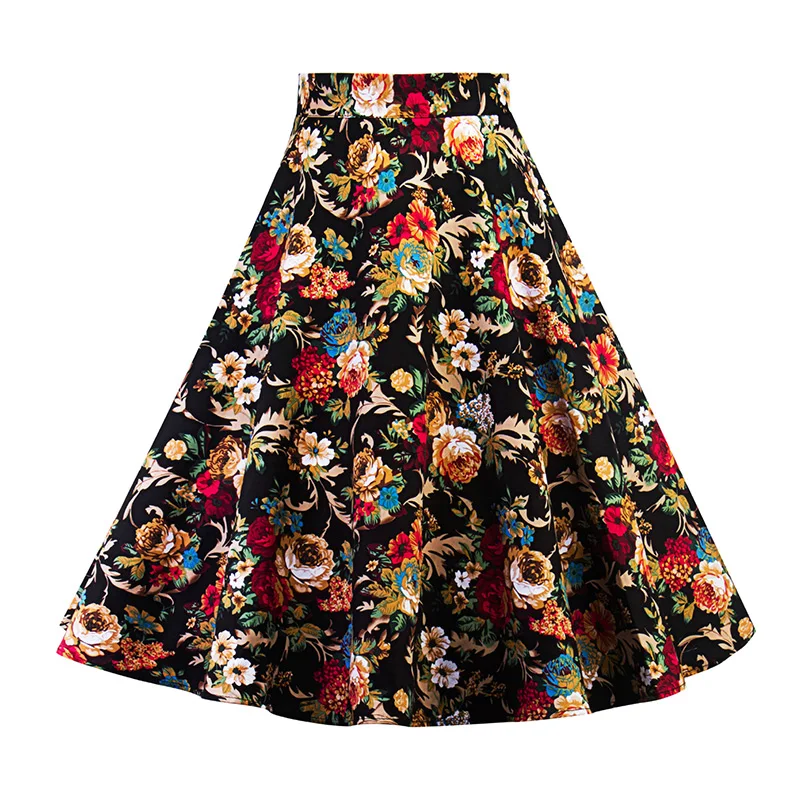 Kostlich 2017 New Summer Skirts Womens Print Floral High Waist 1950s 60s Vintage Midi Skirt Casual A-Line Big Swing Women Skirt (6)
