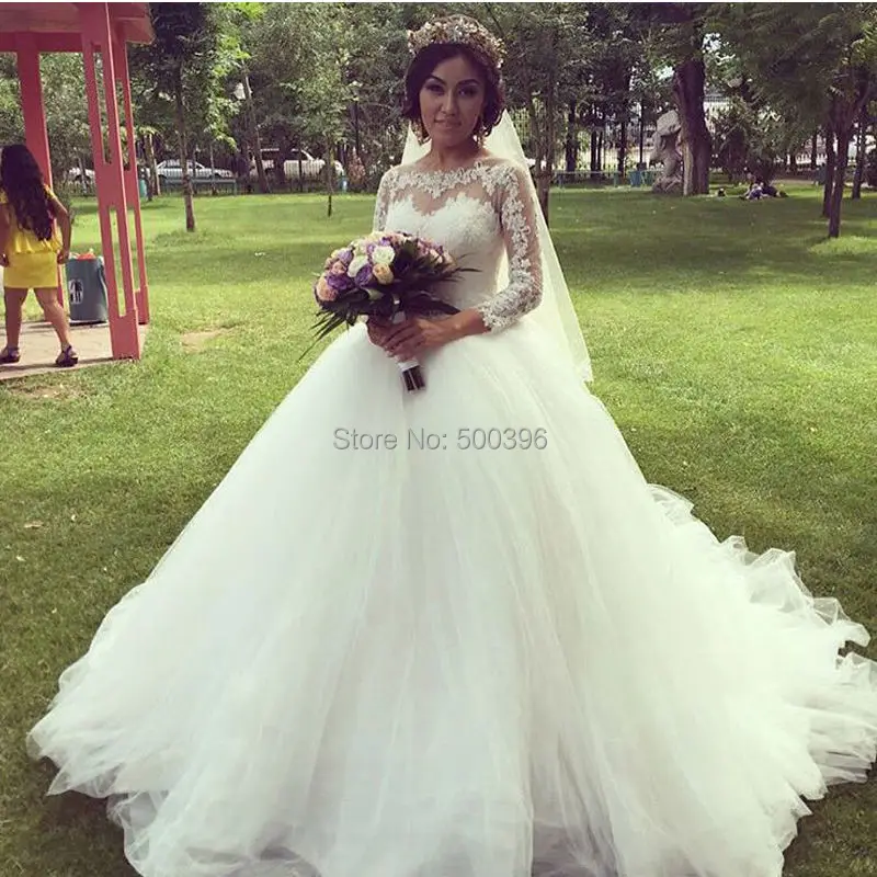 Aliexpress.com Acheter Élégant dentelle manches longues de mariée robes de mariée 2016 romantique robe de bal robes de mariée robes pour Brides Long Train