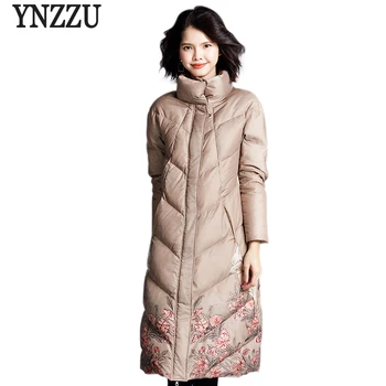 

Brand Luxury 2018 Winter Women's Down Jacket Elegant Print Long 90% White Duck Down Coats Stand Collar Warm Female Jacket AO752