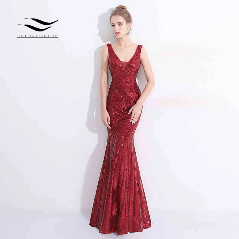 Solovedress 2018 кепки рукава V средства ухода за кожей шеи Sexy Русалка длинное вечернее платье Дешевые бордовый vestido de festa SLD901