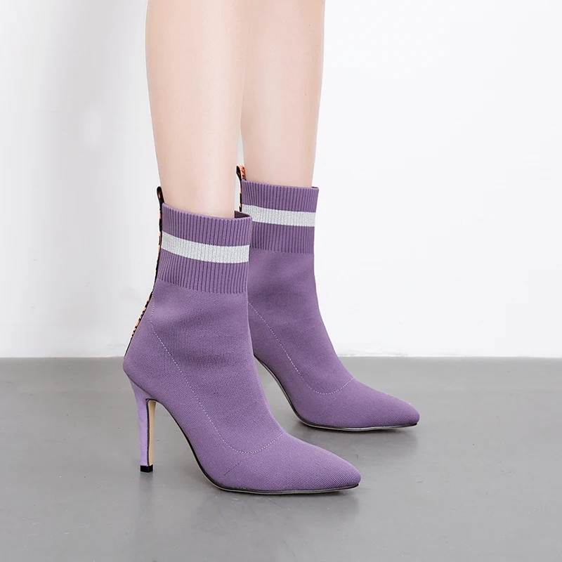 

Knitting Sock Boots Ladies Winter booties Pointed Toe Slip on Sexy high Heels Ankle boots for Women Purple blue Zapatos de mujer