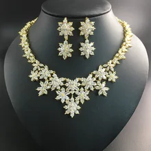 2017 NEW fashion classical popular crystal flowers zircon golden necklace earring set,wedding bride banquet dress dinner jewelry