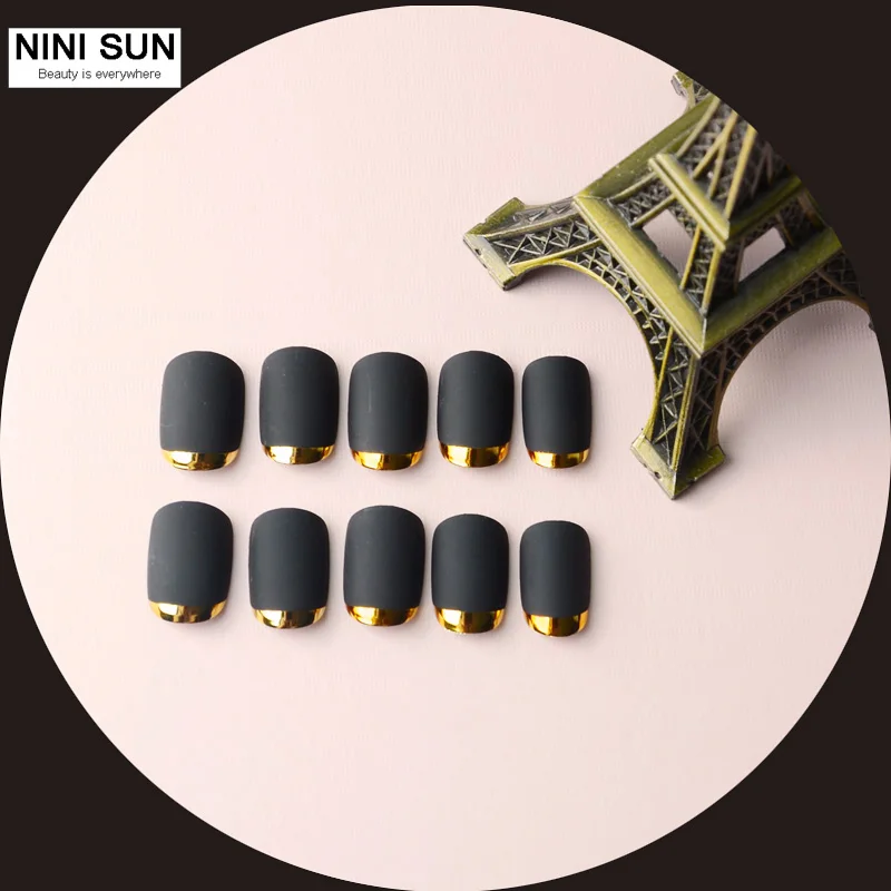 

Hot Selling Matte and Metallic False Nails Short 24pcs Tips Nail Elegant and High Quanlity Full Cover Nails Black Color 2016
