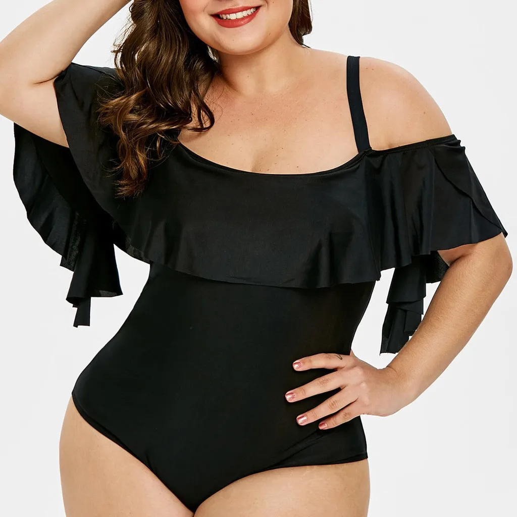 

2019 Women Plus Size XL-L5 Solid Ruffle One Piece Swimsuit Strap Sexy Padded Swimwear Backless Swim Suit Summer Beachwear Mayo