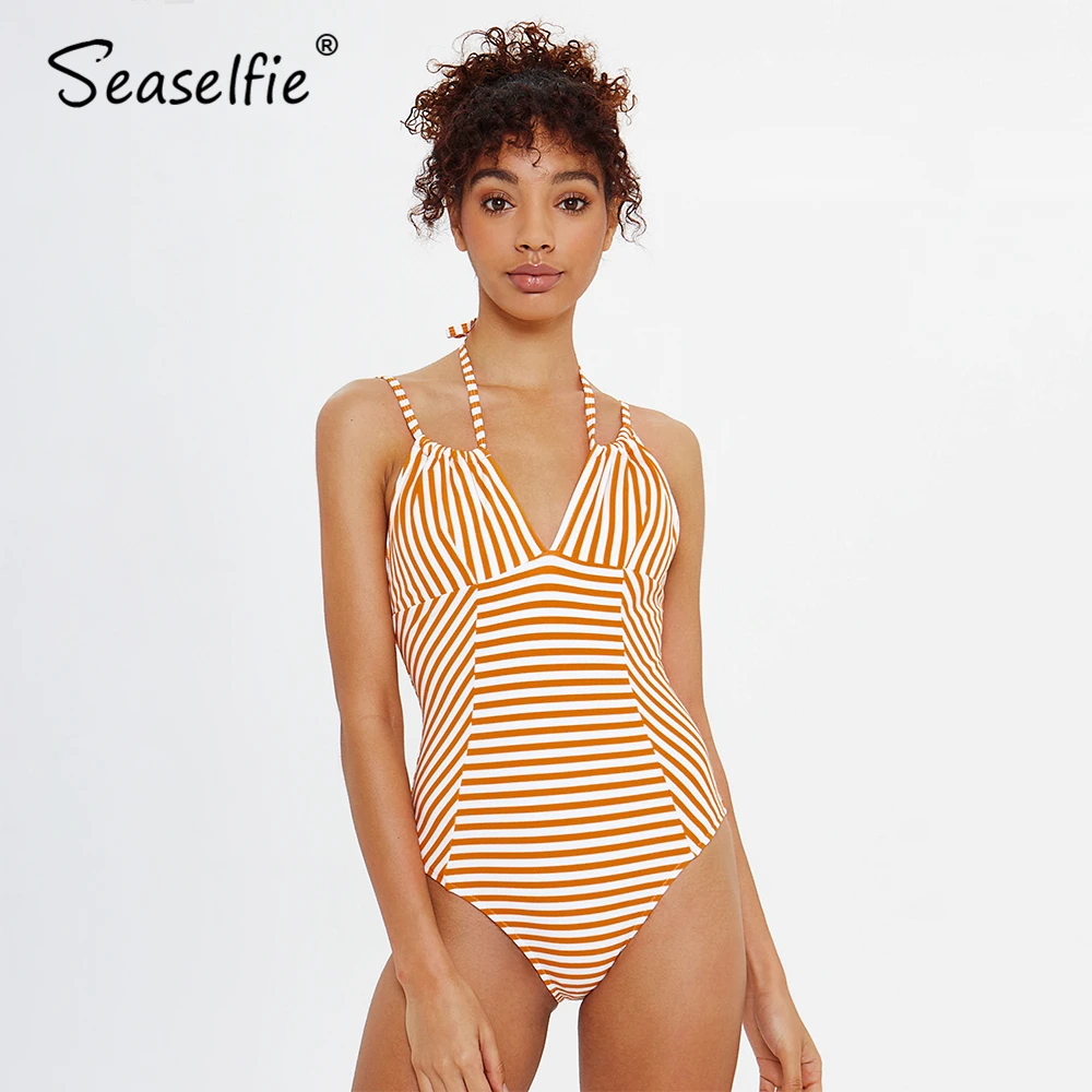 

SEASELFIE Orange White Stripes One-piece Swimsuit Women Sexy V-neck Swimwear 2019 Beach Bathing High waisted Monokinis