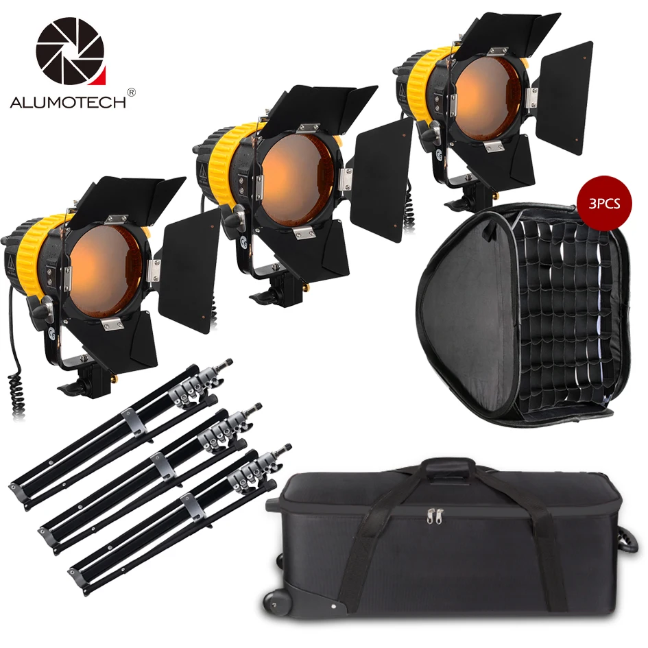 ALUMOTECH 3x80W LED Spotlight With V-mount Power+StandX3+SoftboX3 Kit For Studio Camera Video Photo