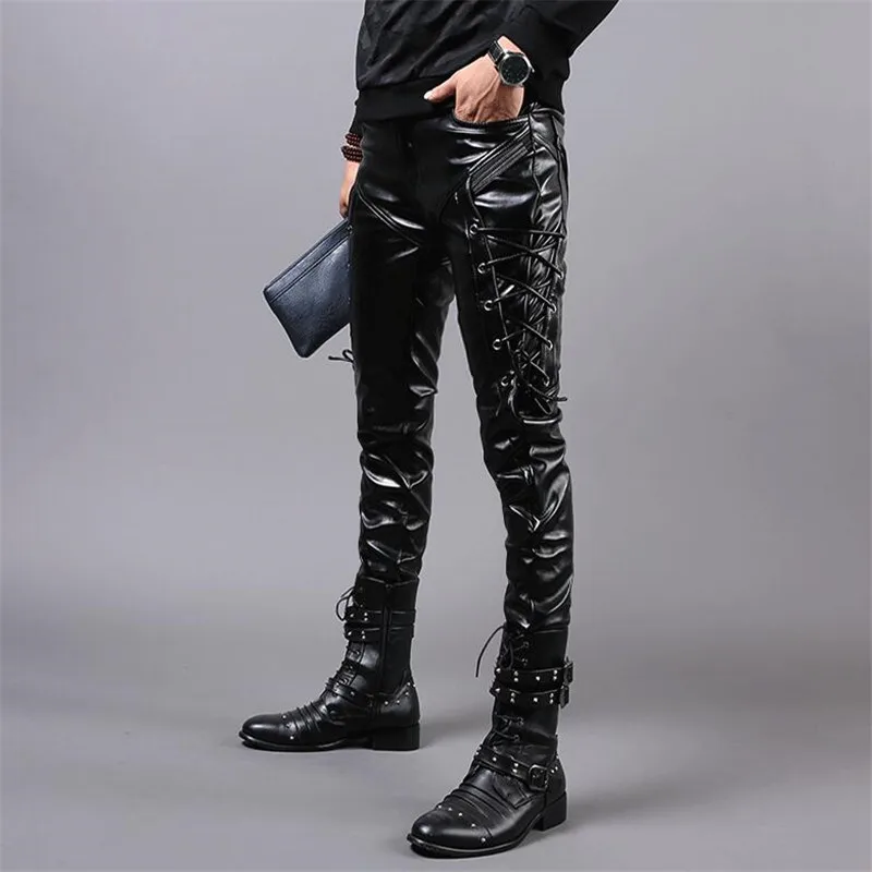 Брюки мужские облегающие байкерские из искусственной кожи на зиму|leather motorcycle