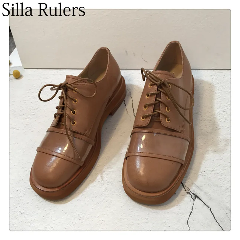 

Silla Rulers 2019 new genuine leather lace up low heels woman shoes round toe Flat bottom shallow Single shoes for women