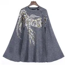 Новинка, Женский кашемировый плащ, пальто с птичьим узором, бисероплетение, блестки, Shwal, свободный шерстяной женский плащ, рукав летучая мышь, накидка