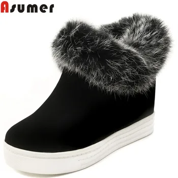 

ASUMER black fashion winter boots women round toe flock fur height increasing ankle boots platform keep warm snow boots