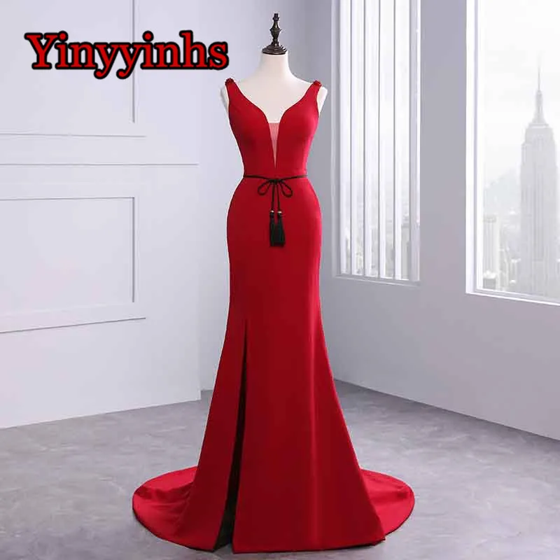 

High Split Deep V Neck Evening Dresses Sweep Train Mermaid Formal Prom Gowns Beading Backless Formal Gown with Belt CG48