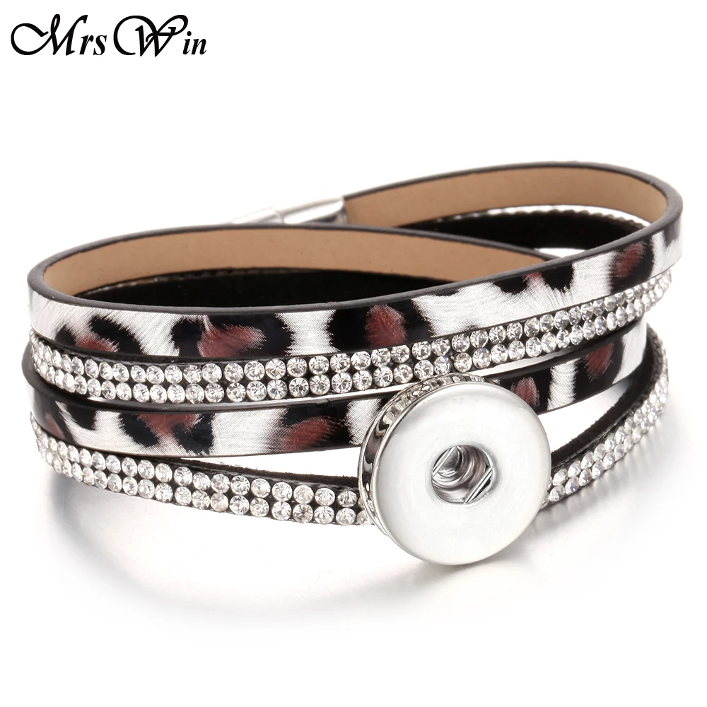 

New Snap Jewelry Leather Snap Bracelet Leopard Multilayer Leather 18mm Snap Button Bracelet for Women Men Couple Bracelets