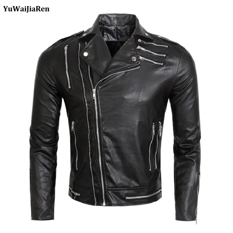 

YuWaiJiaRen Leather Jacket Men Spring Fashion Multi Zipper Design Lapel Motorcycle Leather Jackets Coats Men's PU Biker Jackets