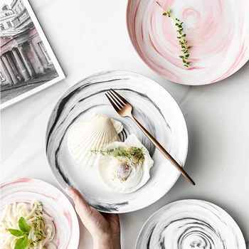 

Nordic Marble Dinner Plate Ceramic Breakfast Cake Dishes Steak Western Plate Porcelain Fruit Dessert Salad Plate Tableware Home