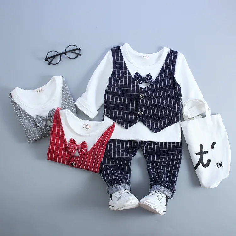 

2016 new autumn suit baby boy gentleman dress suits bow collar plaid shirt + trousers 2pcs children 1-4 years old free shipping