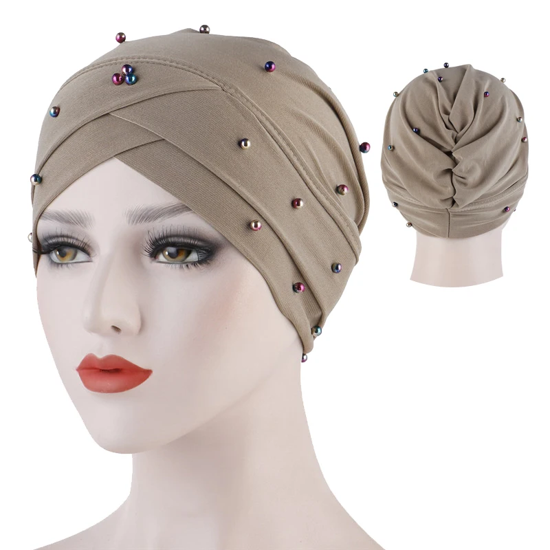 

2019 Fashion Cross Headscarf Hat Solid Beads Inner Hijab Bonnet Handmade Linen Muslim Turban Cap Islam Arab Wrap Head Hats