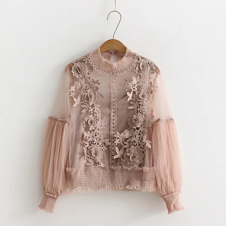  2018 Spring summer Japan Style Fashion Sexy Lace Blouse Women Lantern Sleeve Shirt Floral Elegant T