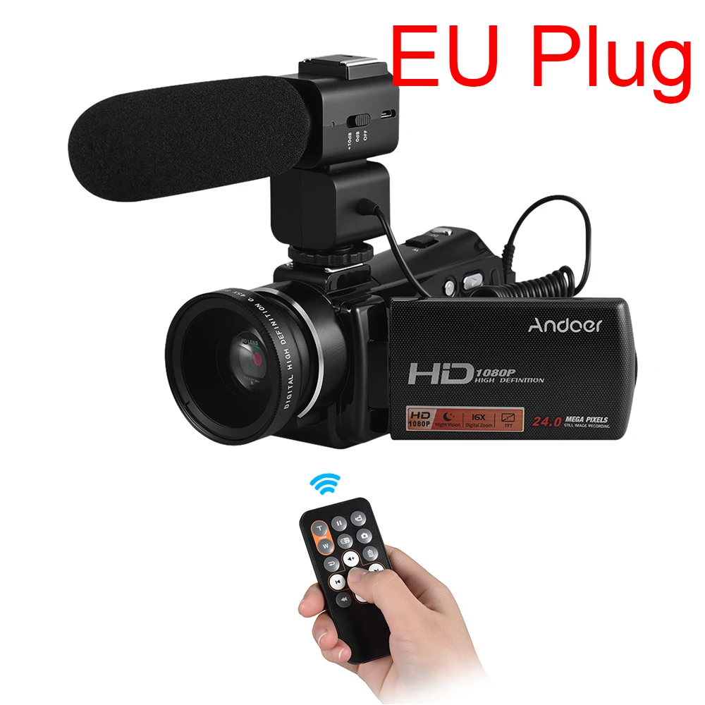 Andoer 1080P Full HD 24MP Портативная Цифровая видеокамера 0.45X Широкоугольный объектив дистанционное управление инфракрасное ночное видение - Цвет: EU Plug