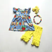 Летние наряды для маленьких девочек школьная одежда детское синее платье желтые укороченные брюки с рюшами и аксессуарами