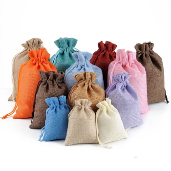 

50PCS 17x23cm Christmas Linen Jute Drawstring Gift Bags Wedding Birthday Party Favors Bulap Hessian Bags Baby Shower Supplies
