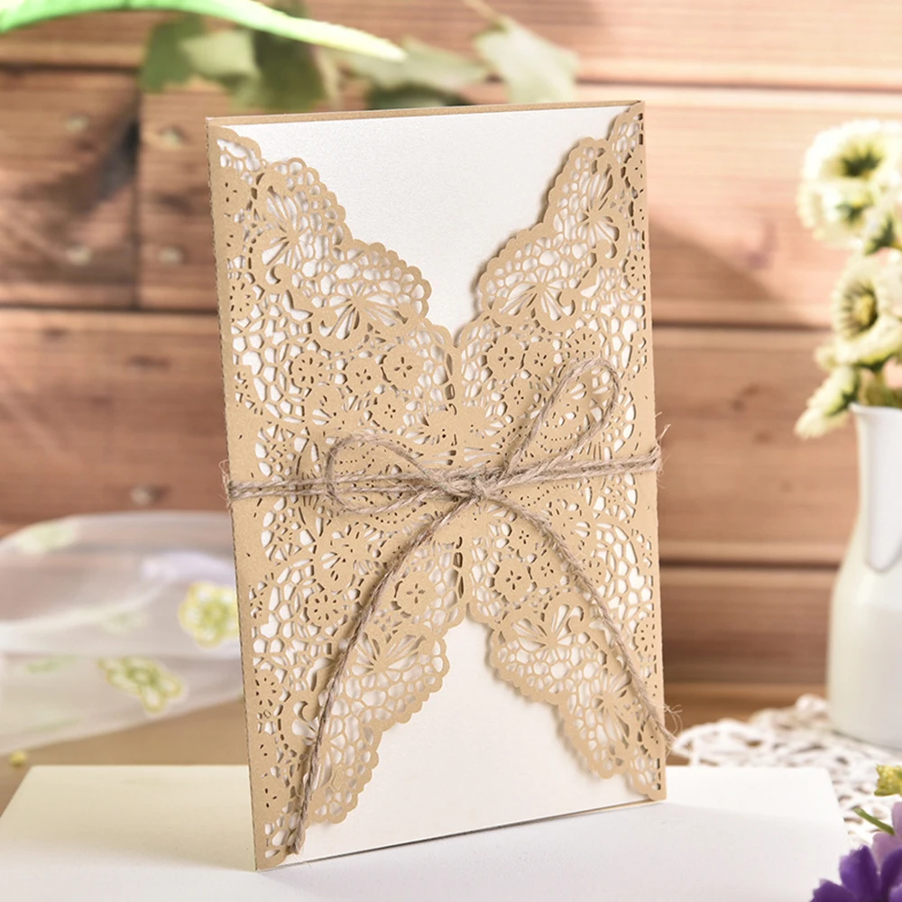  10pcs Laser Cut Wedding Invitations Card Brown Paper Fashion Shapes Cards Supplie With a Rope Elega - 33024011011