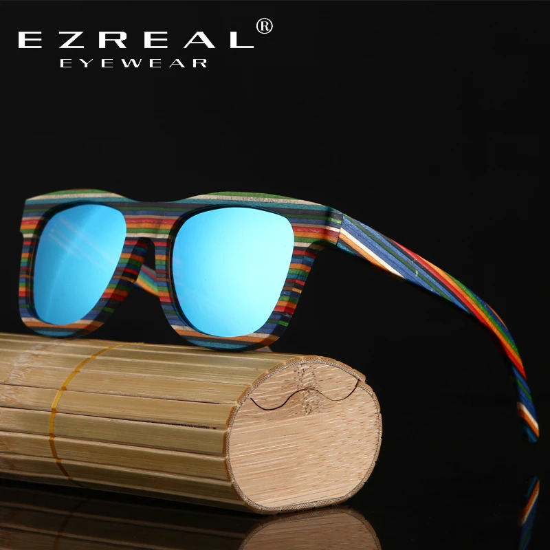 EZREAL, ручная работа, деревянная красочная оправа, солнцезащитные очки, поляризационные, Gafas, очки, очки, отражающие линзы, для мужчин и женщин, бамбуковые солнцезащитные очки